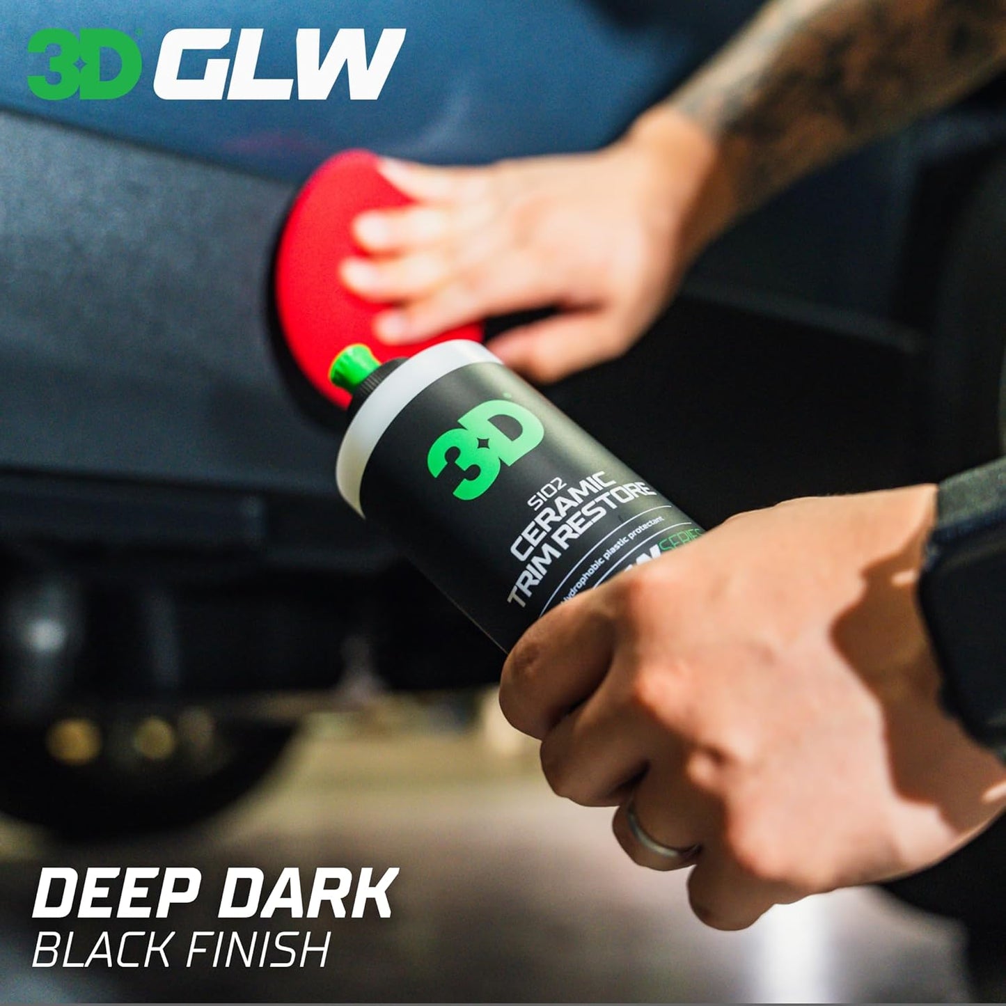Sio2 Ceramic Trim Restore, GLW Series | Ultimate Hydrophobic Trim Reviver | Sio2 Infused Restoring, Shining, & Protecting | Restores Black Plastic & Vinyl | DIY Car Detailing | 16 Oz