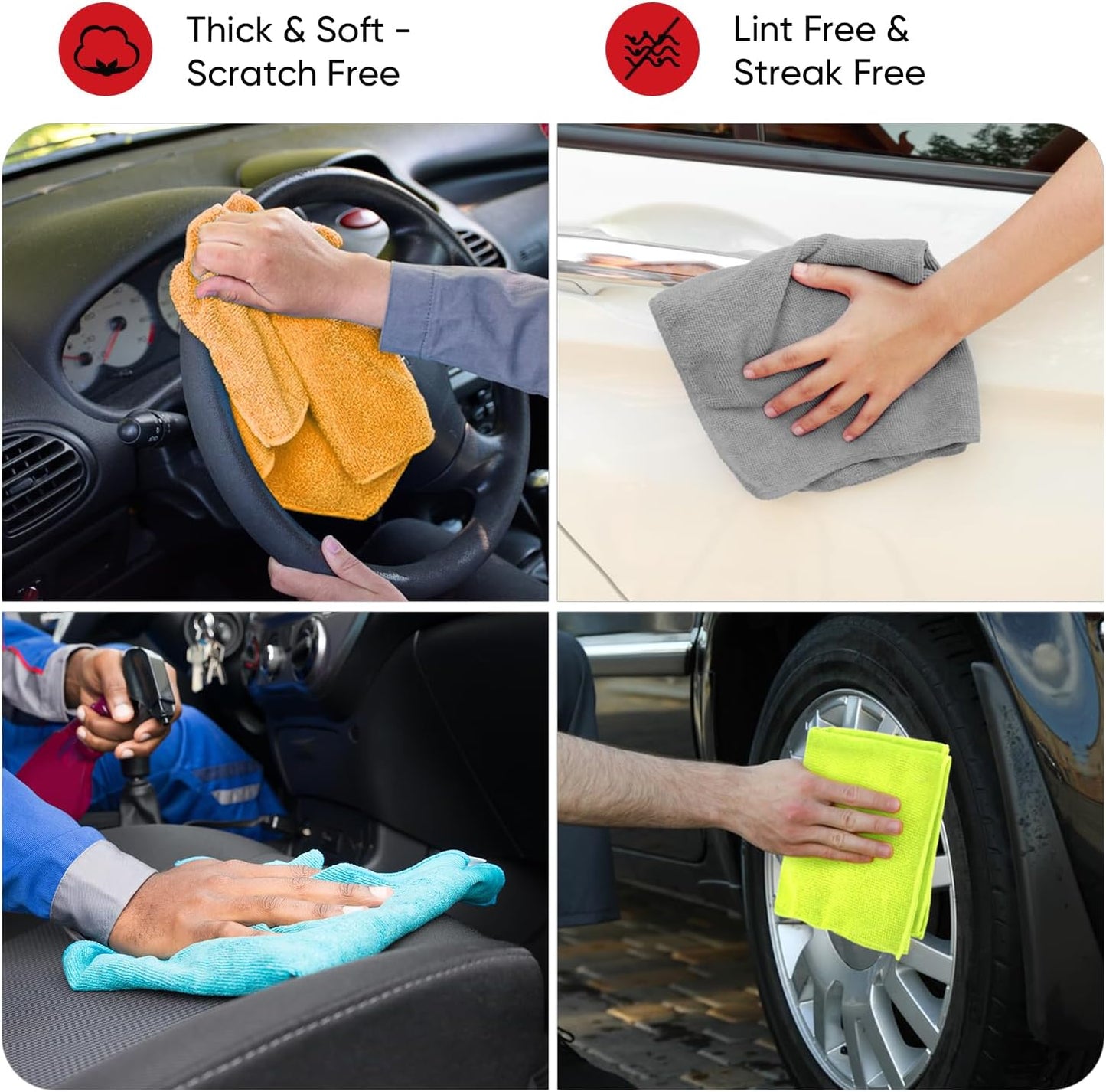 Microfiber Cleaning Cloth-24Pk, Premium All-Purpose Cloth for Cars, Soft & Absorbent Car Cloth, Lint Free Streak Wash House, Kitchen, Car, Windows(12In.X16In.), Blue Green Grey Orange