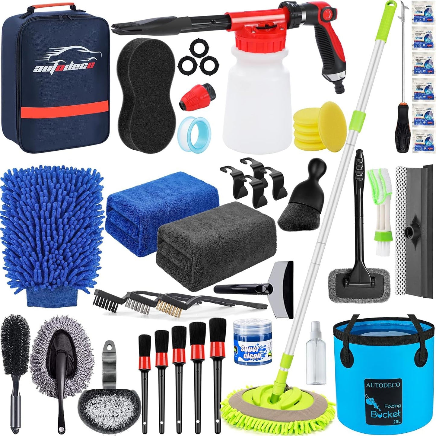 42Pcs Car Wash Detailing Kit Cleaning Kits with Foam Gun Sprayer Wash Brush with Long Handle Collapsible Bucket Large Wash Mitt Towels Complete Interior Exterior Car Washing Supply Set Blue