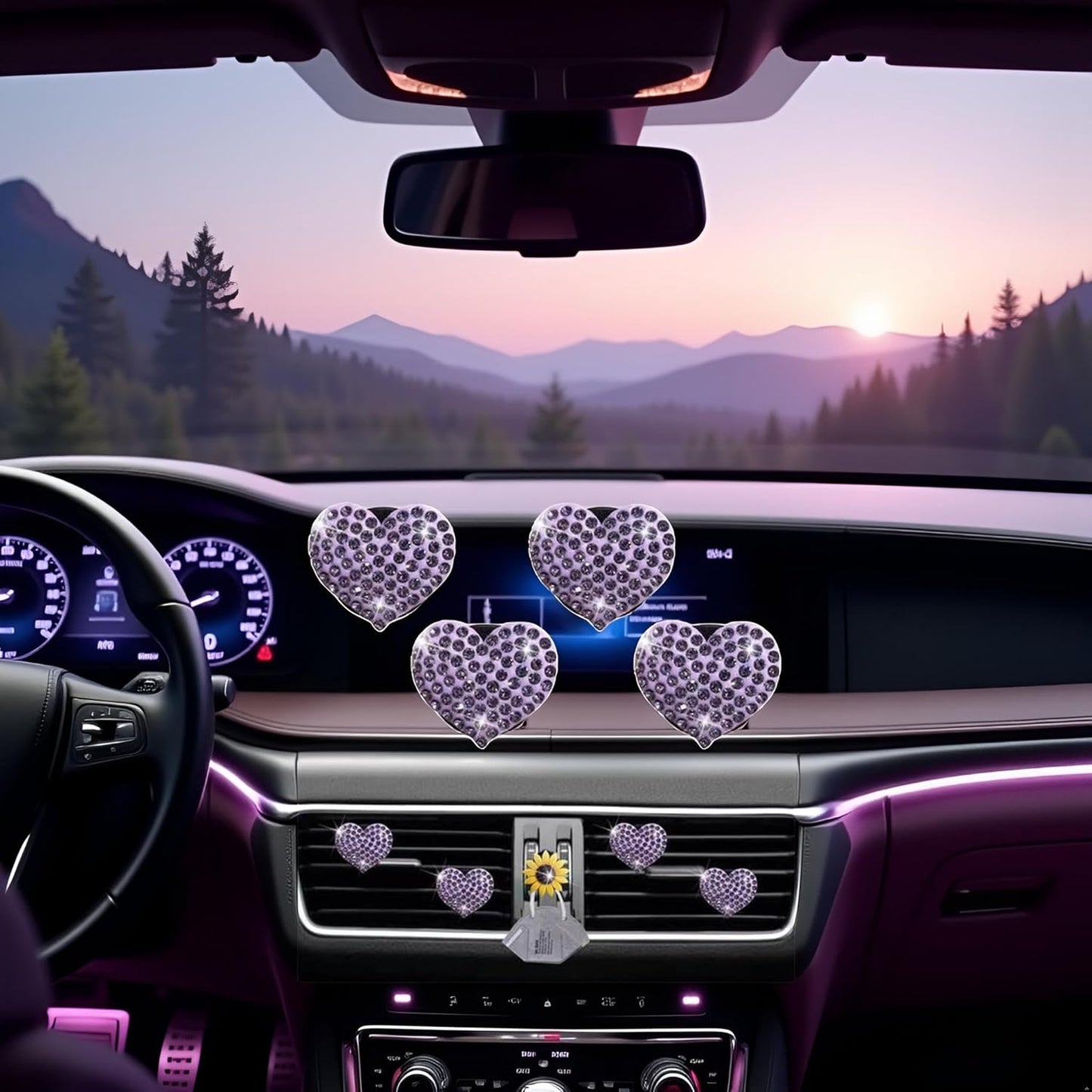 4Pcs Purple Heart Air Vent Clips, Bling Heart Cars Air Fresheners Vents Clips Car Diffuser Diamond Car Interior Decor Cute Cars Accessories Car Decoration for Women Automotive Air Fresheners
