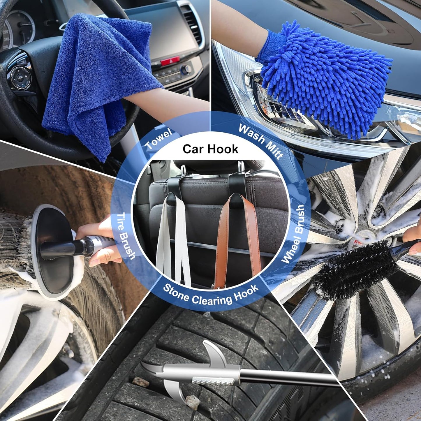 42Pcs Car Wash Detailing Kit Cleaning Kits with Foam Gun Sprayer Wash Brush with Long Handle Collapsible Bucket Large Wash Mitt Towels Complete Interior Exterior Car Washing Supply Set Blue
