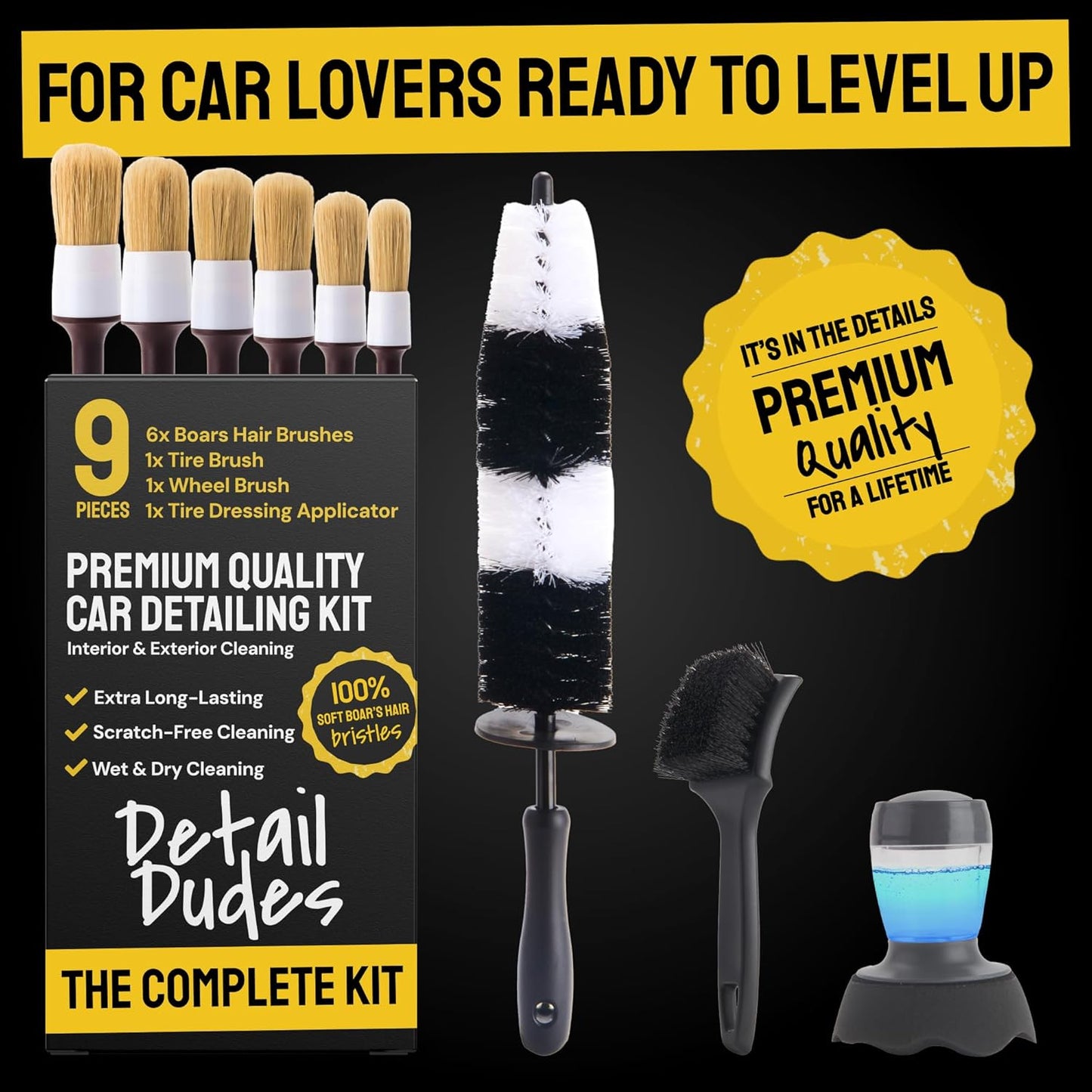 Soft Boar Hair Car Detailing Brush Set - Pack of Three, Brown - Versatile Use for Car Detailing Kit - Soft Bristles Cleaning Brush - Water-Resistant Handles