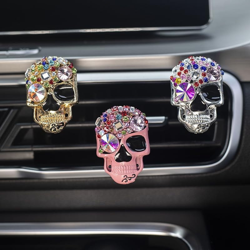 3 Pcs Skull Car Air Fresheners Vent Clips, Bling Rhinestone Punk Skull Car Air Vent Clip Car Diffuser Charm Cute Car Accessories Interior Decoration for Men Women