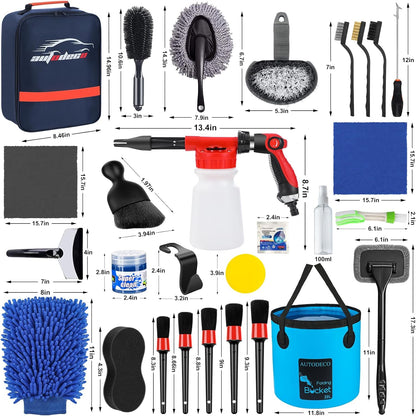 42Pcs Car Wash Detailing Kit Cleaning Kits with Foam Gun Sprayer Wash Brush with Long Handle Collapsible Bucket Large Wash Mitt Towels Complete Interior Exterior Car Washing Supply Set Blue