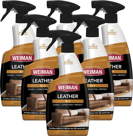Leather Conditioner & Cleaner - Restores Surfaces, UV Protectants Help Prevent Cracking or Fading of Furniture, Sofa, Couch, Car Seats, Shoes, Purses, 6 Pack, 22 Oz