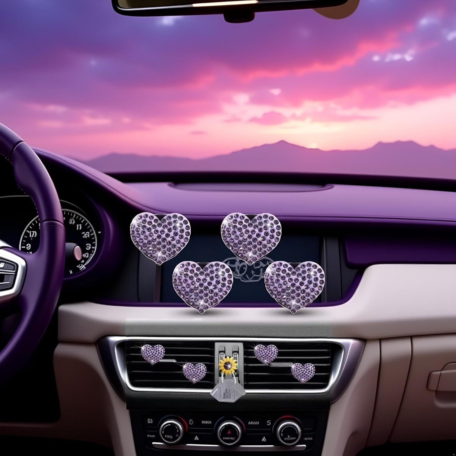 4Pcs Purple Heart Air Vent Clips, Bling Heart Cars Air Fresheners Vents Clips Car Diffuser Diamond Car Interior Decor Cute Cars Accessories Car Decoration for Women Automotive Air Fresheners
