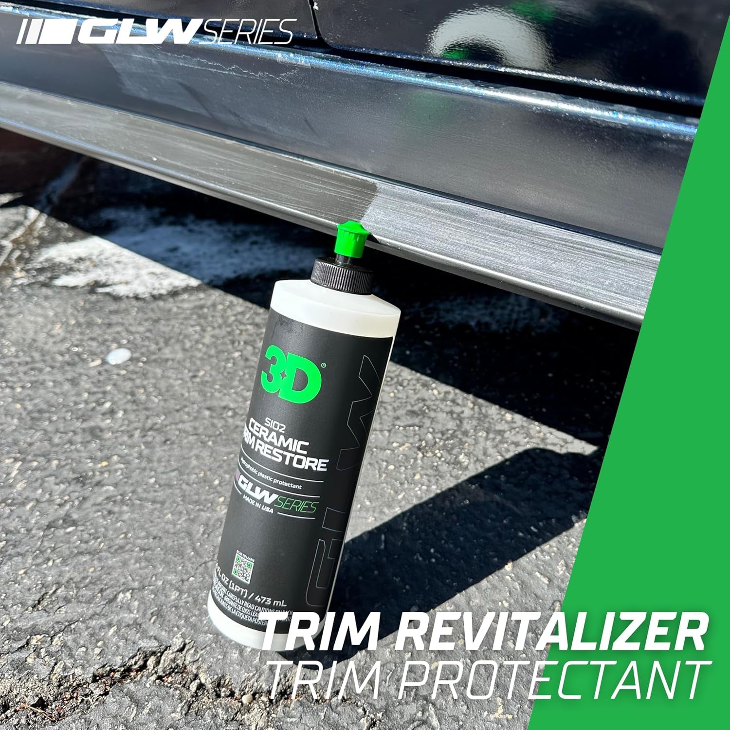 Sio2 Ceramic Trim Restore, GLW Series | Ultimate Hydrophobic Trim Reviver | Sio2 Infused Restoring, Shining, & Protecting | Restores Black Plastic & Vinyl | DIY Car Detailing | 16 Oz