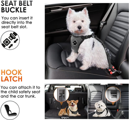 Dog Seat Belt, Adjustable Dog Safety Belt Leash, 2 in 1 Latch Bar Attachment Dog Car Seatbelt with Elastic Nylon Bungee Buffer, Reflective Nylon Belt Tether Connect to Dog Harness (Black)
