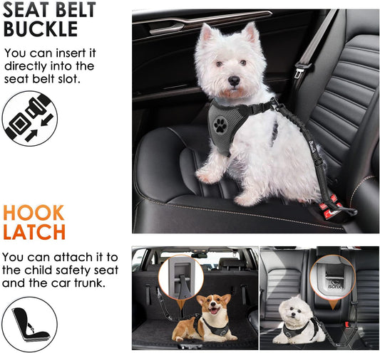 Dog Seat Belt, Adjustable Dog Safety Belt Leash, 2 in 1 Latch Bar Attachment Dog Car Seatbelt with Elastic Nylon Bungee Buffer, Reflective Nylon Belt Tether Connect to Dog Harness (Black)