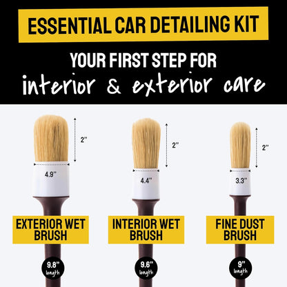 Soft Boar Hair Car Detailing Brush Set - Pack of Three, Brown - Versatile Use for Car Detailing Kit - Soft Bristles Cleaning Brush - Water-Resistant Handles