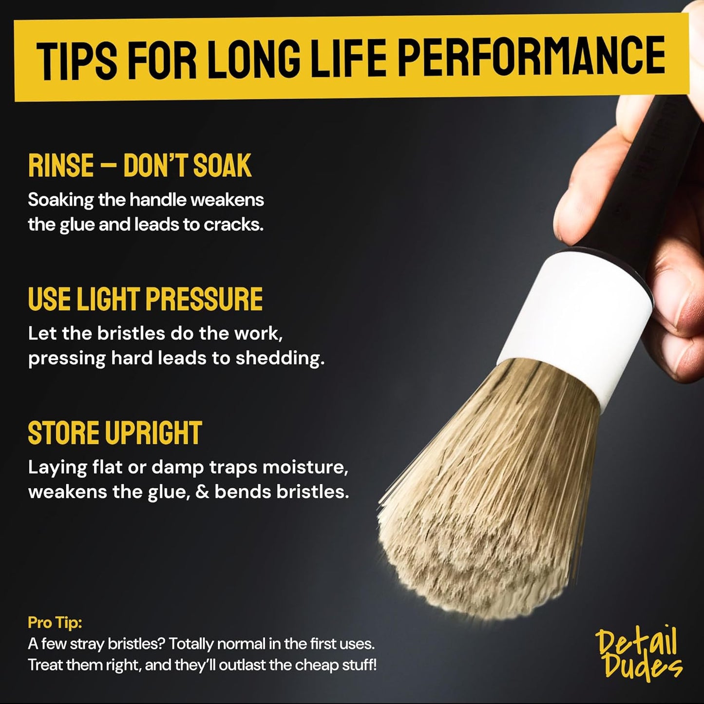 Soft Boar Hair Car Detailing Brush Set - Pack of Three, Brown - Versatile Use for Car Detailing Kit - Soft Bristles Cleaning Brush - Water-Resistant Handles