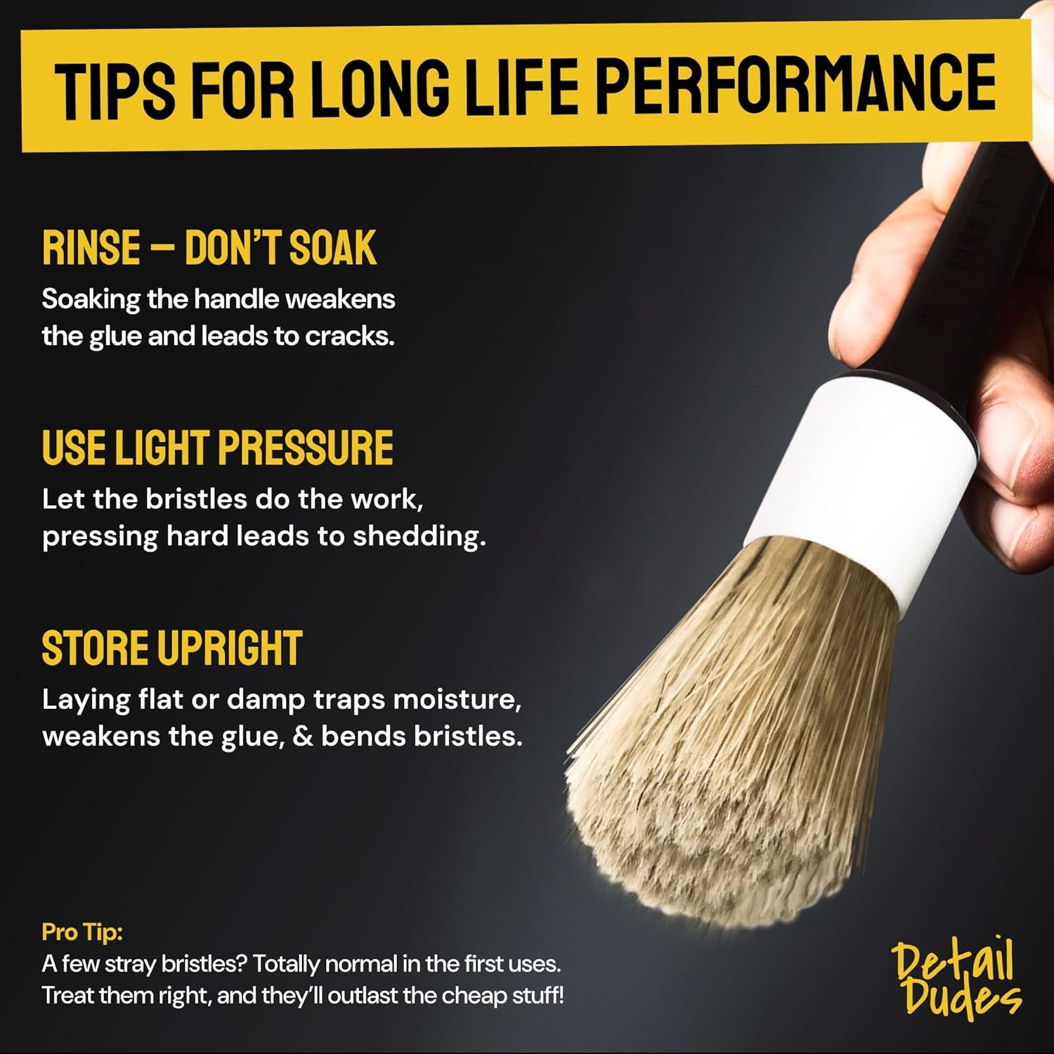 Soft Boar Hair Car Detailing Brush Set - Pack of Three, Brown - Versatile Use for Car Detailing Kit - Soft Bristles Cleaning Brush - Water-Resistant Handles
