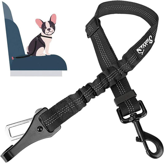 Dog Seat Belt, Adjustable Dog Safety Belt Leash, 2 in 1 Latch Bar Attachment Dog Car Seatbelt with Elastic Nylon Bungee Buffer, Reflective Nylon Belt Tether Connect to Dog Harness (Black)