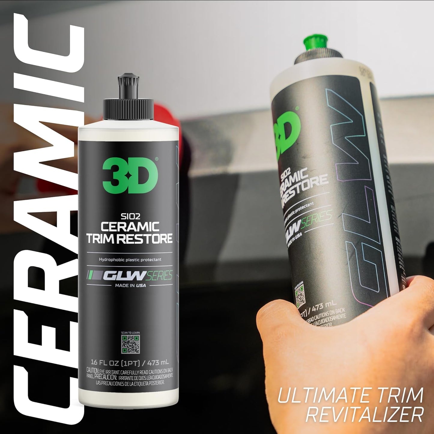 Sio2 Ceramic Trim Restore, GLW Series | Ultimate Hydrophobic Trim Reviver | Sio2 Infused Restoring, Shining, & Protecting | Restores Black Plastic & Vinyl | DIY Car Detailing | 16 Oz