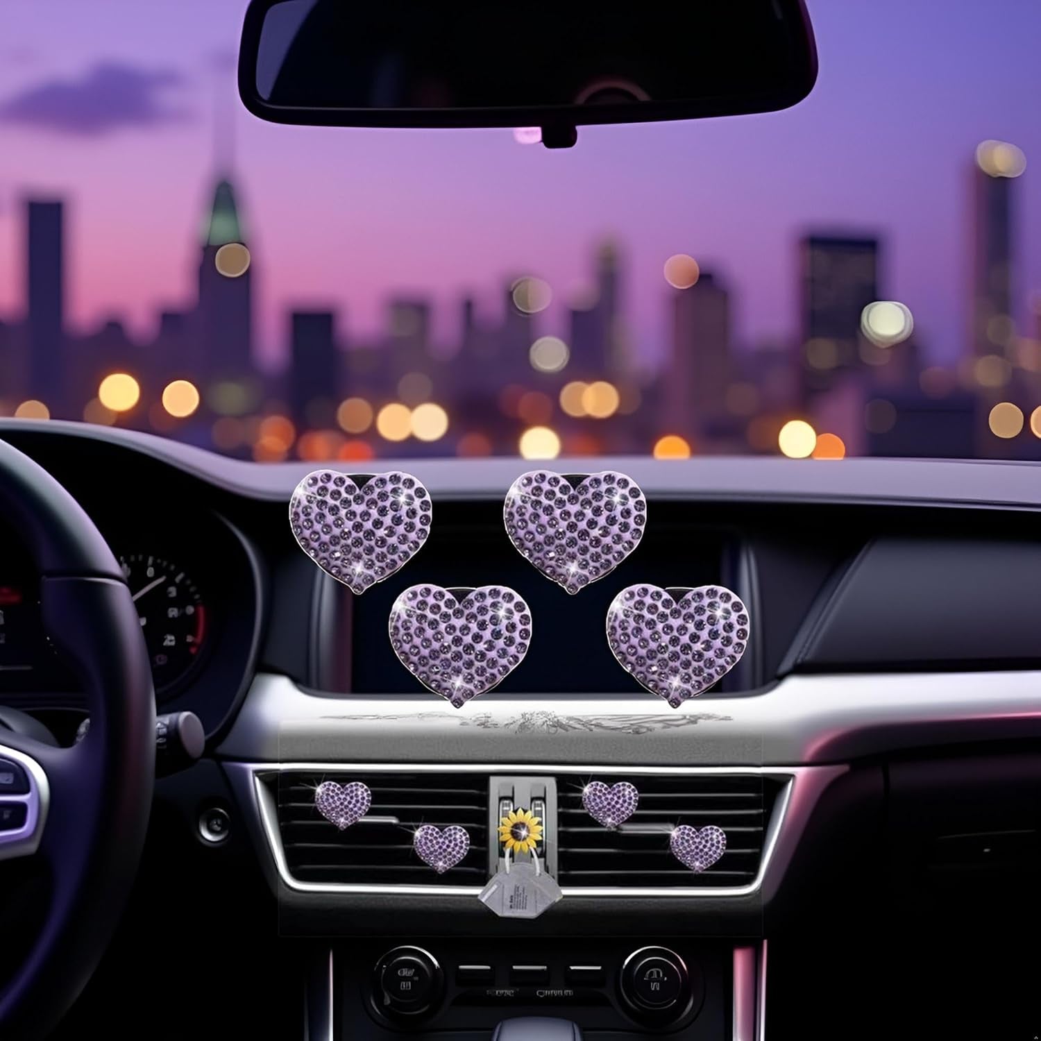 4Pcs Purple Heart Air Vent Clips, Bling Heart Cars Air Fresheners Vents Clips Car Diffuser Diamond Car Interior Decor Cute Cars Accessories Car Decoration for Women Automotive Air Fresheners