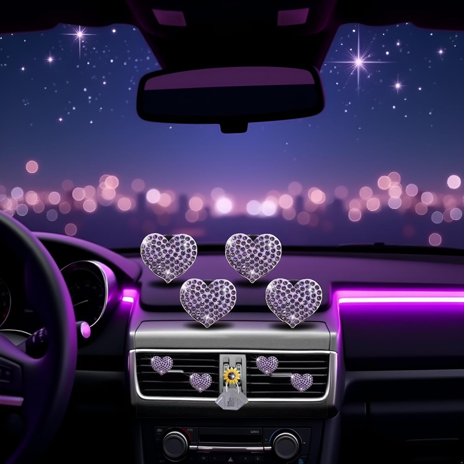 4Pcs Purple Heart Air Vent Clips, Bling Heart Cars Air Fresheners Vents Clips Car Diffuser Diamond Car Interior Decor Cute Cars Accessories Car Decoration for Women Automotive Air Fresheners