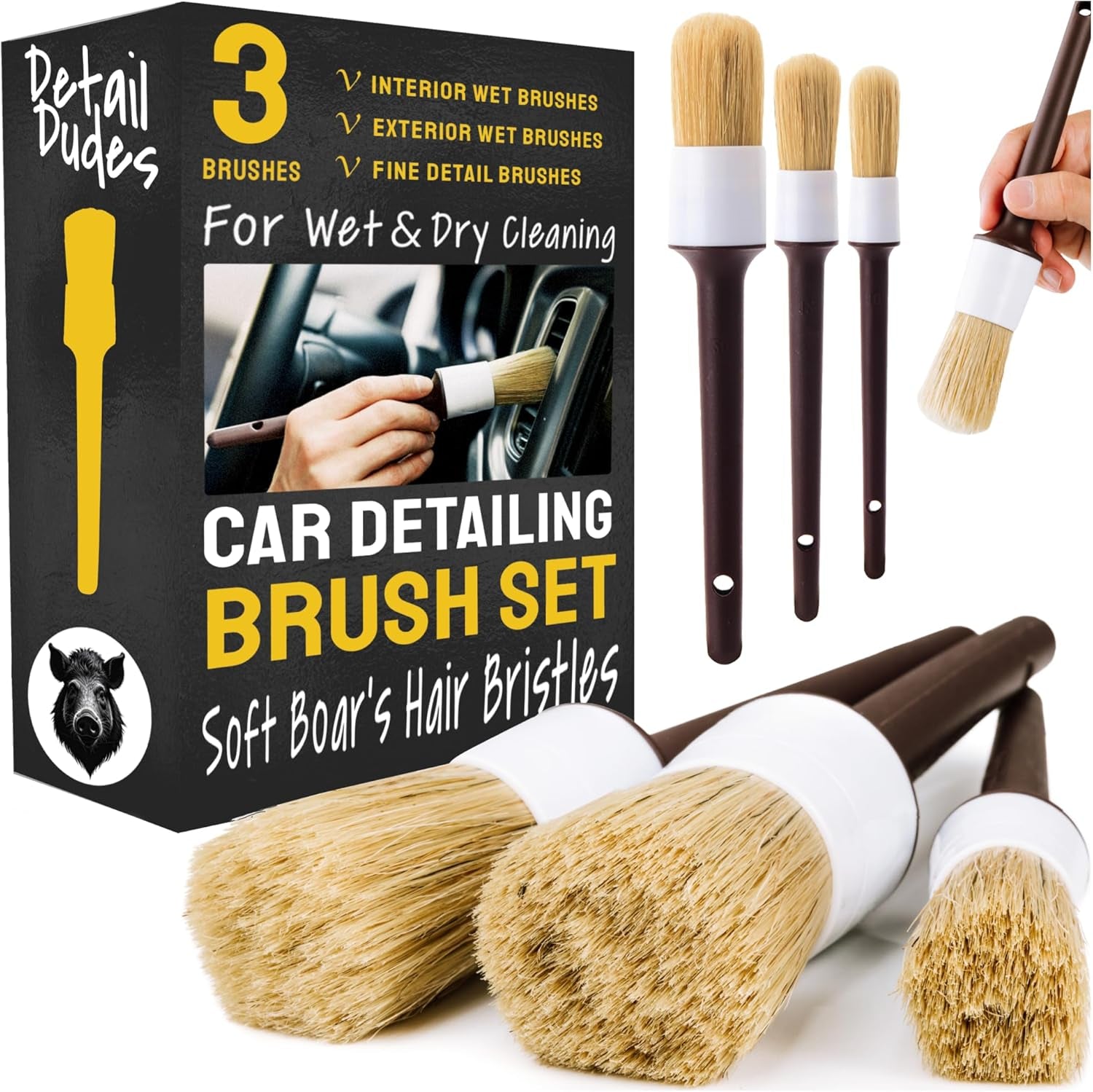 Soft Boar Hair Car Detailing Brush Set - Pack of Three, Brown - Versatile Use for Car Detailing Kit - Soft Bristles Cleaning Brush - Water-Resistant Handles