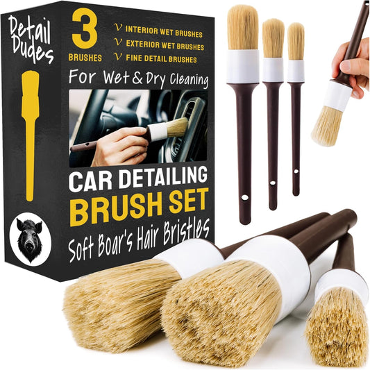 Soft Boar Hair Car Detailing Brush Set - Pack of Three, Brown - Versatile Use for Car Detailing Kit - Soft Bristles Cleaning Brush - Water-Resistant Handles