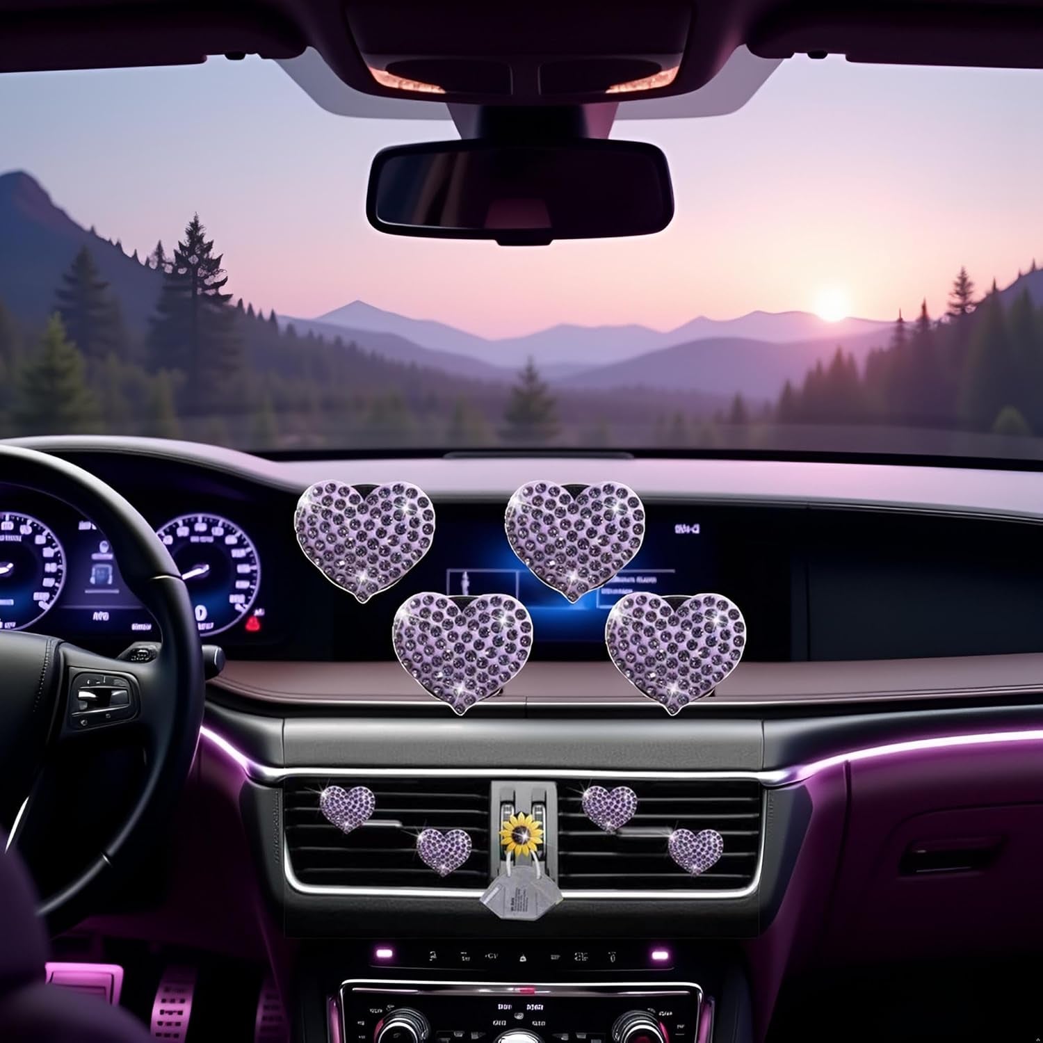 4Pcs Purple Heart Air Vent Clips, Bling Heart Cars Air Fresheners Vents Clips Car Diffuser Diamond Car Interior Decor Cute Cars Accessories Car Decoration for Women Automotive Air Fresheners