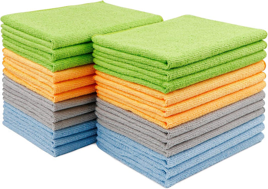 Microfiber Cleaning Cloth-24Pk, Premium All-Purpose Cloth for Cars, Soft & Absorbent Car Cloth, Lint Free Streak Wash House, Kitchen, Car, Windows(12In.X16In.), Blue Green Grey Orange