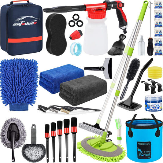 42Pcs Car Wash Detailing Kit Cleaning Kits with Foam Gun Sprayer Wash Brush with Long Handle Collapsible Bucket Large Wash Mitt Towels Complete Interior Exterior Car Washing Supply Set Blue