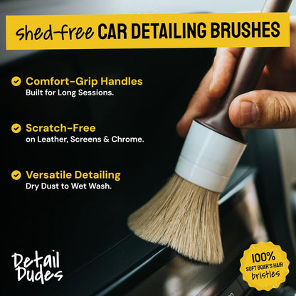 Soft Boar Hair Car Detailing Brush Set - Pack of Three, Brown - Versatile Use for Car Detailing Kit - Soft Bristles Cleaning Brush - Water-Resistant Handles