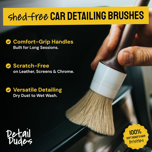Soft Boar Hair Car Detailing Brush Set - Pack of Three, Brown - Versatile Use for Car Detailing Kit - Soft Bristles Cleaning Brush - Water-Resistant Handles