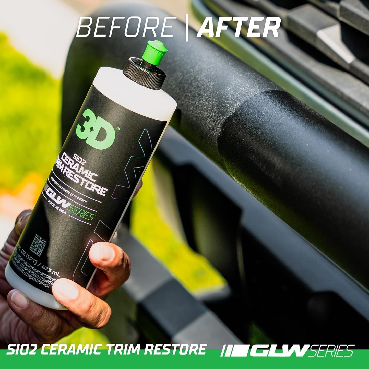Sio2 Ceramic Trim Restore, GLW Series | Ultimate Hydrophobic Trim Reviver | Sio2 Infused Restoring, Shining, & Protecting | Restores Black Plastic & Vinyl | DIY Car Detailing | 16 Oz